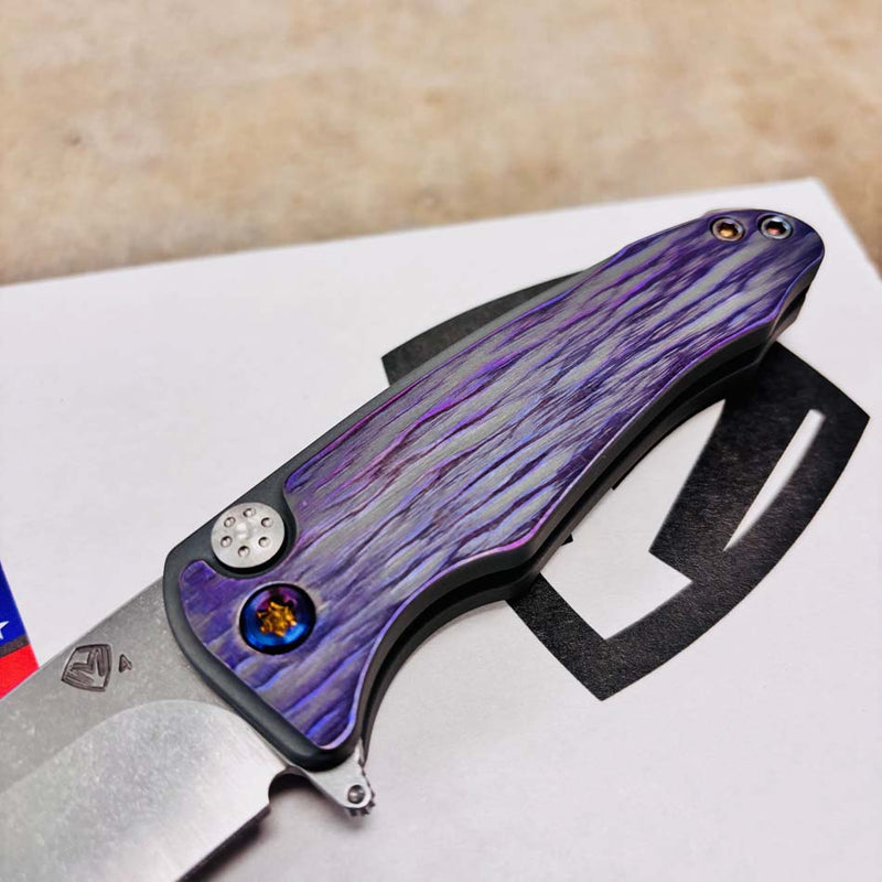 Load image into Gallery viewer, Medford Smooth Criminal Ti S45VN 3" Tumbled Blade, Bead Blasted Cement with Brushed Violet Bark Handles, Knife Serial 505-071
