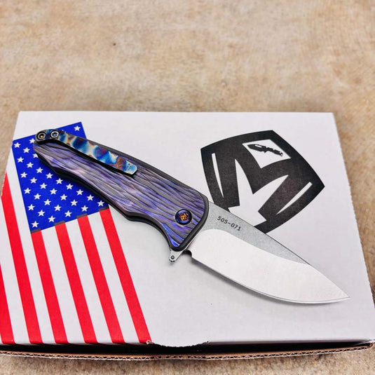 Medford Smooth Criminal Ti S45VN 3" Tumbled Blade, Bead Blasted Cement with Brushed Violet Bark Handles, Knife Serial 505-071
