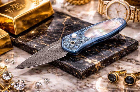 Protech 2022 Sprint Custom 002 2" Blue Anodized Titanium Frame Engraved by Bruce Shaw, Vegas Forge Damascus Blade, Pearl Button, Pearl Inlay, Titanium Clip Automatic Knife