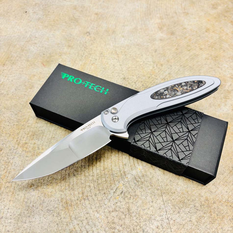 Load image into Gallery viewer, Protech 2025 Cambria Custom 004, Cambria 2 Flipper, Grey AL Handle with TechnoCarbo Copper Inlay, Mike Irie Compound Ground Blade, Black Lip Pearl Button Knife BLADE SHOW 2025
