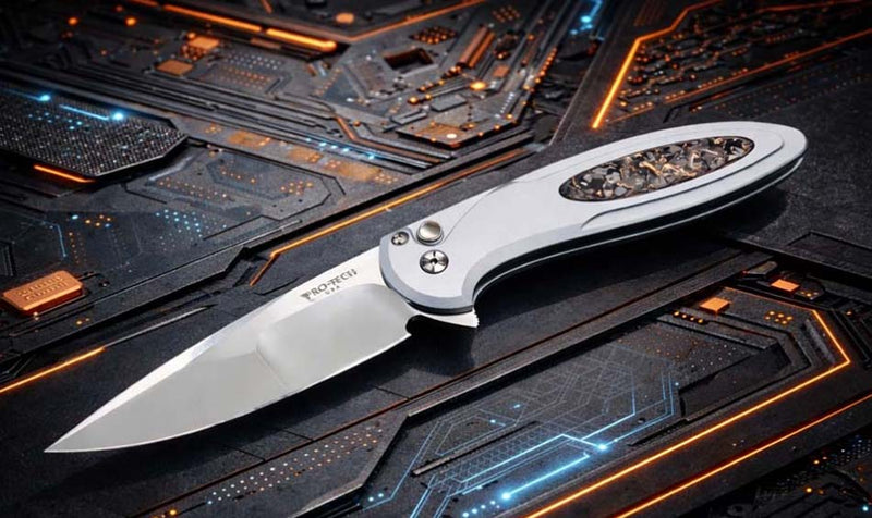 Load image into Gallery viewer, Protech 2025 Cambria Custom 004, Cambria 2 Flipper, Grey AL Handle with TechnoCarbo Copper Inlay, Mike Irie Compound Ground Blade, Black Lip Pearl Button Knife BLADE SHOW 2025
