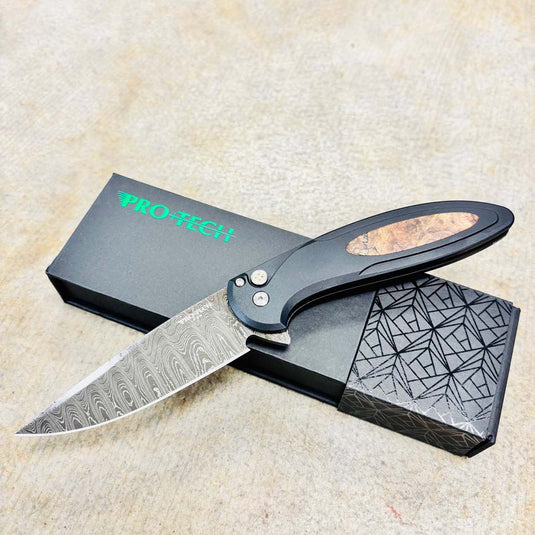 Protech 2025 Cambria Custom 005, Cambria 2 Flipper, Black Alumium Handle with Maple Burl Inlay, Chad Nichols Ladder Damascus Blade, Mosaic Pin Button Knife BLADE SHOW 2025