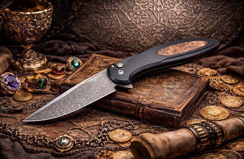 Load image into Gallery viewer, Protech 2025 Cambria Custom 005, Cambria 2 Flipper, Black Alumium Handle with Maple Burl Inlay, Chad Nichols Ladder Damascus Blade, Mosaic Pin Button Knife BLADE SHOW 2025
