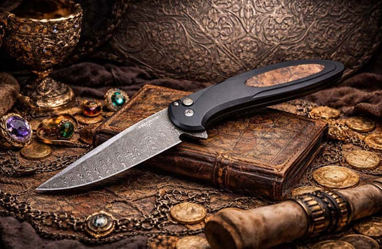 Protech 2025 Cambria Custom 005, Cambria 2 Flipper, Black Alumium Handle with Maple Burl Inlay, Chad Nichols Ladder Damascus Blade, Mosaic Pin Button Knife BLADE SHOW 2025