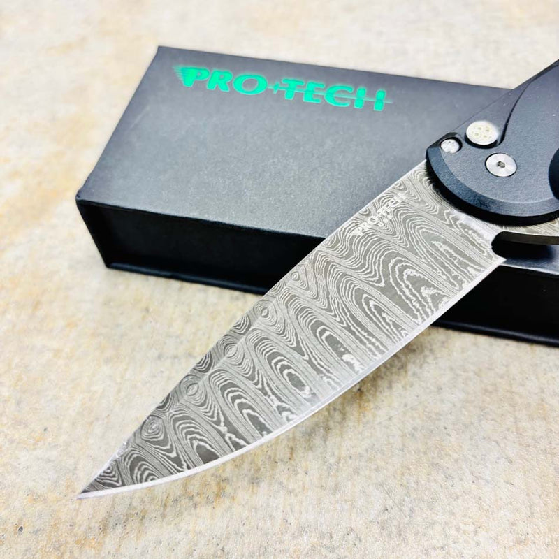 Load image into Gallery viewer, Protech 2025 Cambria Custom 005, Cambria 2 Flipper, Black Alumium Handle with Maple Burl Inlay, Chad Nichols Ladder Damascus Blade, Mosaic Pin Button Knife BLADE SHOW 2025
