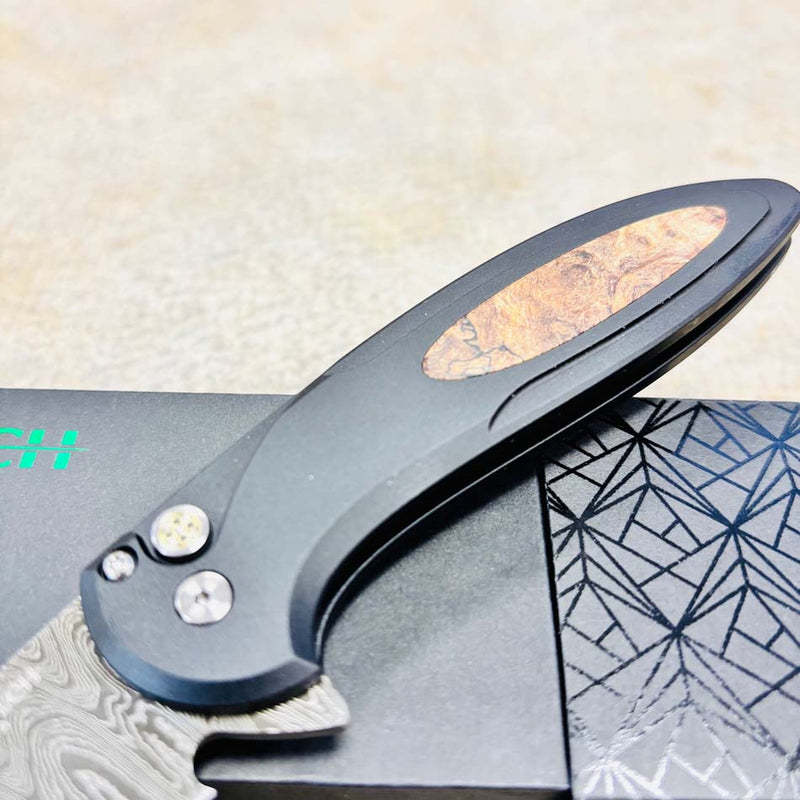 Load image into Gallery viewer, Protech 2025 Cambria Custom 005, Cambria 2 Flipper, Black Alumium Handle with Maple Burl Inlay, Chad Nichols Ladder Damascus Blade, Mosaic Pin Button Knife BLADE SHOW 2025
