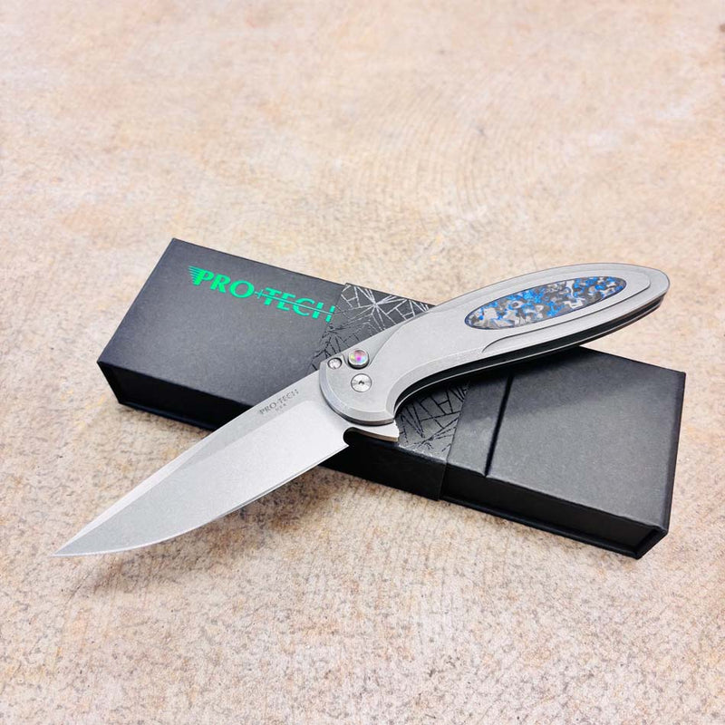 Load image into Gallery viewer, Protech 2025 Cambria Custom 013 Flipper, 2-Tone Blasted Tumbled 17-4 Steel Handle with Blue TechnoCarbo Inlay, Knife #13 of 60 BLADE SHOW WEST 2025
