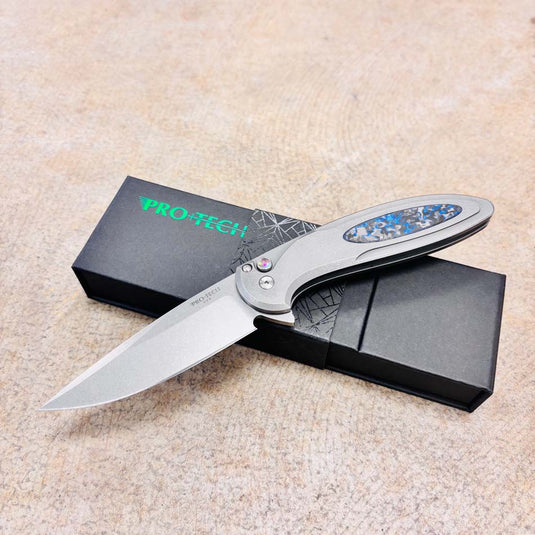 Protech 2025 Cambria Custom 013 Flipper, 2-Tone Blasted Tumbled 17-4 Steel Handle with Blue TechnoCarbo Inlay, Knife #13 of 60 BLADE SHOW WEST 2025