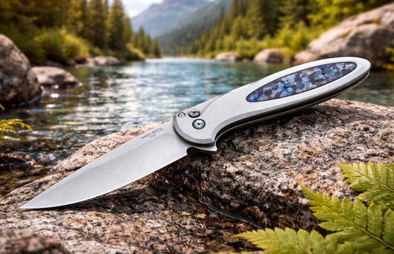 Load image into Gallery viewer, Protech 2025 Cambria Custom 013 Flipper, 2-Tone Blasted Tumbled 17-4 Steel Handle with Blue TechnoCarbo Inlay, Knife #13 of 60 BLADE SHOW WEST 2025
