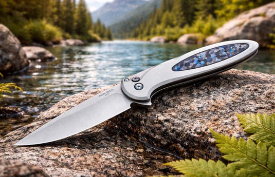 Protech 2025 Cambria Custom 013 Flipper, 2-Tone Blasted Tumbled 17-4 Steel Handle with Blue TechnoCarbo Inlay, Knife #13 of 60 BLADE SHOW WEST 2025