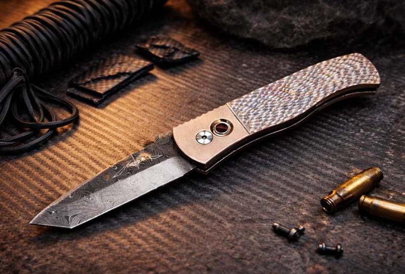 Load image into Gallery viewer, Protech 2025 Emerson Custom 002 CQC7 3.25" Jigged Titanium Handles with Burnt Bronze Ano, Black Lip Pearl Button, Nichols Damascus Chisel Tanto Blade Knife
