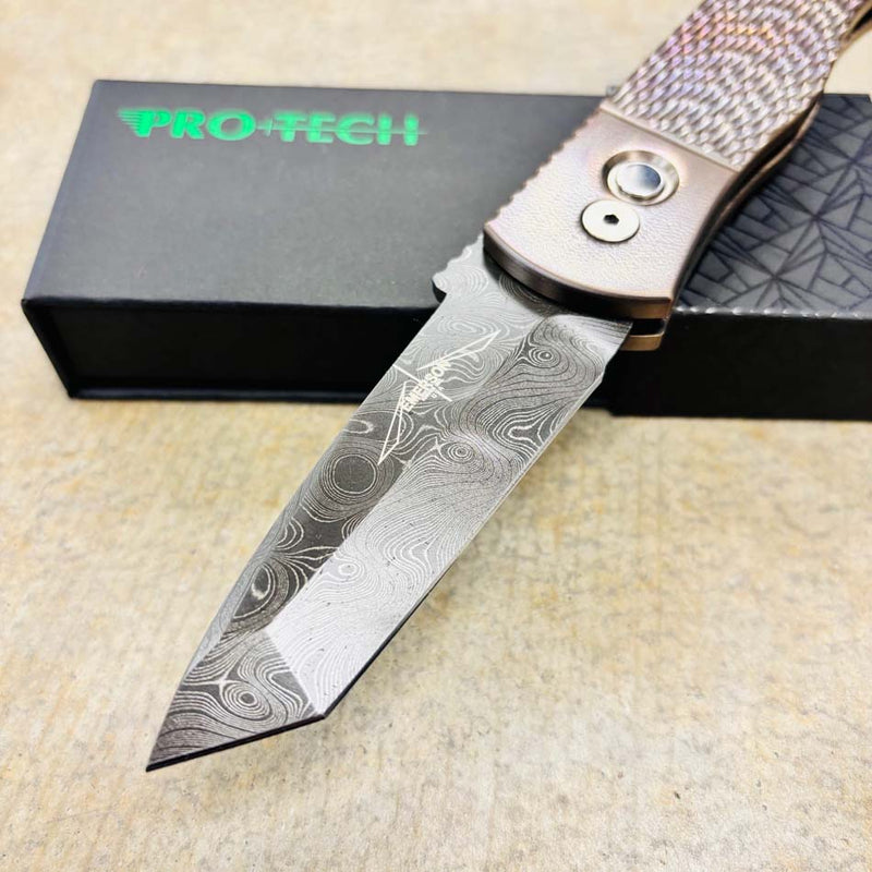 Load image into Gallery viewer, Protech 2025 Emerson Custom 002 CQC7 3.25" Jigged Titanium Handles with Burnt Bronze Ano, Black Lip Pearl Button, Nichols Damascus Chisel Tanto Blade Knife
