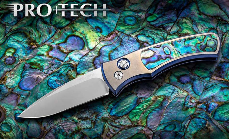 Load image into Gallery viewer, Protech 2026 Duke Custom 004, DUKE 2, 6AI4V Titanium Handle with 2-Tone Blue/Gold Anodize,Chad Nichols Raindrop Damascus Blade Knife
