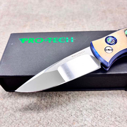 Protech 2026 Duke Custom 004, DUKE 2, 6AI4V Titanium Handle with 2-Tone Blue/Gold Anodize,Chad Nichols Raindrop Damascus Blade Knife