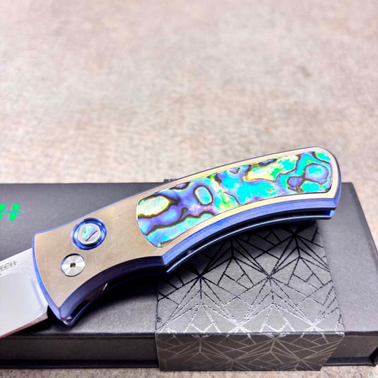 Protech 2026 Duke Custom 004, DUKE 2, 6AI4V Titanium Handle with 2-Tone Blue/Gold Anodize,Chad Nichols Raindrop Damascus Blade Knife