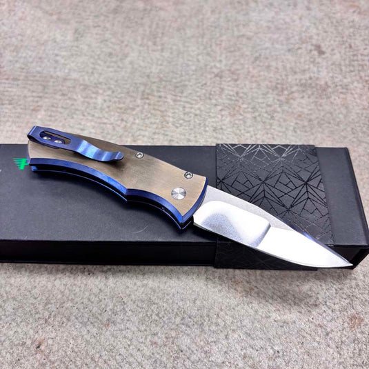 Protech 2026 Duke Custom 004, DUKE 2, 6AI4V Titanium Handle with 2-Tone Blue/Gold Anodize,Chad Nichols Raindrop Damascus Blade Knife