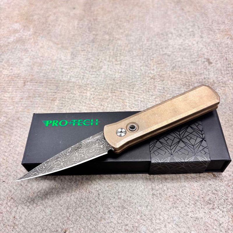 Load image into Gallery viewer, Protech 2026 Godson Custom 007, Godson Auto Stonewash ALBronze Handle, Vegas Forge "Vines and Roses" Stainless Damascus Blade, Knife
