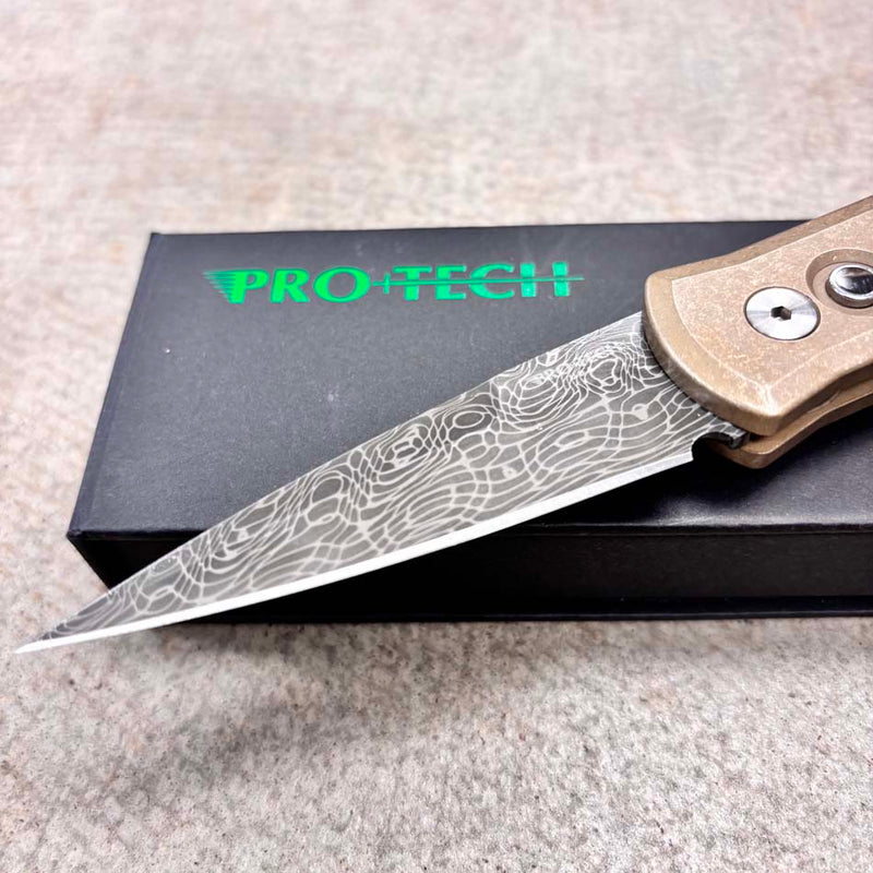 Load image into Gallery viewer, Protech 2026 Godson Custom 007, Godson Auto Stonewash ALBronze Handle, Vegas Forge "Vines and Roses" Stainless Damascus Blade, Knife
