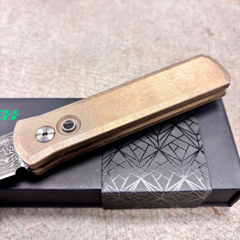 Load image into Gallery viewer, Protech 2026 Godson Custom 007, Godson Auto Stonewash ALBronze Handle, Vegas Forge "Vines and Roses" Stainless Damascus Blade, Knife
