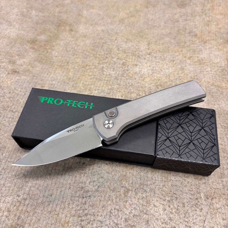 Load image into Gallery viewer, Protech 2026 Scapegoat Compact Custom 001, Scapegoat Compact Auto, Blasted Stonewashed 17-4 heat treated steel handles Knife
