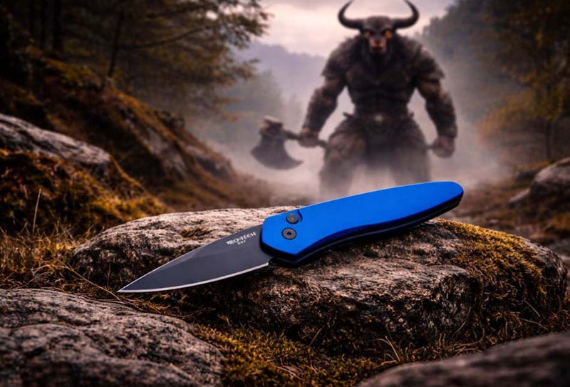 Load image into Gallery viewer, Protech 3607-BLUE Half-Breed 2" Auto Blue Handle Black Blade Plain Edge Auto Knife
