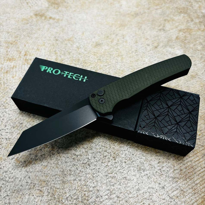 Load image into Gallery viewer, Protech 5236-GREEN Malibu Flipper, 7075 Dragon Scale Green AL Handles, Black Hardware, Black DLC 20CV Reverse Tanto Blade, Black Clip, Knife
