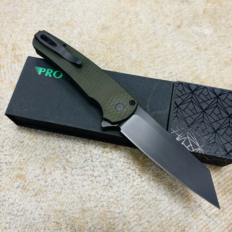 Load image into Gallery viewer, Protech 5236-GREEN Malibu Flipper, 7075 Dragon Scale Green AL Handles, Black Hardware, Black DLC 20CV Reverse Tanto Blade, Black Clip, Knife
