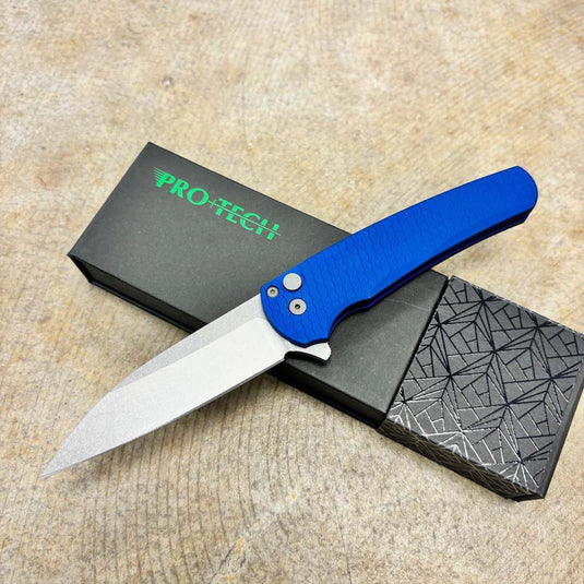 Protech 5335-BLUE Malibu Magnacut Wharncliffe 3.3" Stonewash Flipper Blue Aluminum Handles, Black Hardware Knife