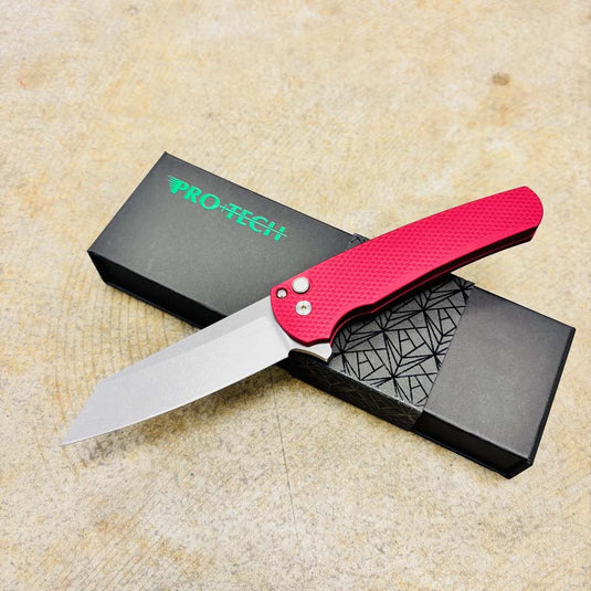 Protech 5405 LTD-Red Malibu Flipper, Textured Red Handles, Stonewash Magnacut Reverse Tanto Blade, Gold Lip Pearl Button Knife