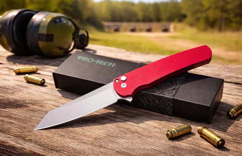 Load image into Gallery viewer, Protech 5405 LTD-Red Malibu Flipper, Textured Red Handles, Stonewash Magnacut Reverse Tanto Blade, Gold Lip Pearl Button Knife
