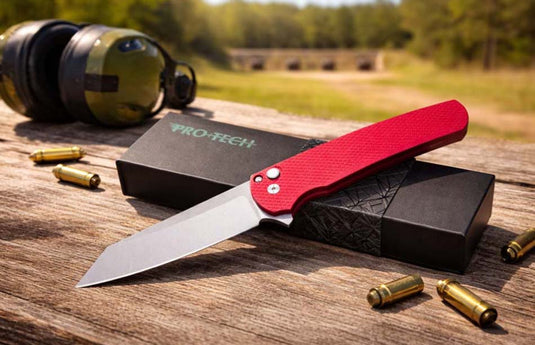 Protech 5405 LTD-Red Malibu Flipper, Textured Red Handles, Stonewash Magnacut Reverse Tanto Blade, Gold Lip Pearl Button Knife