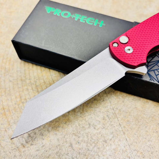 Protech 5405 LTD-Red Malibu Flipper, Textured Red Handles, Stonewash Magnacut Reverse Tanto Blade, Gold Lip Pearl Button Knife
