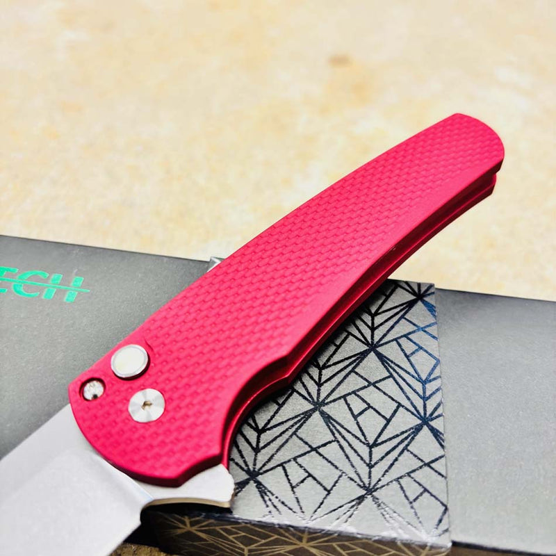 Load image into Gallery viewer, Protech 5405 LTD-Red Malibu Flipper, Textured Red Handles, Stonewash Magnacut Reverse Tanto Blade, Gold Lip Pearl Button Knife

