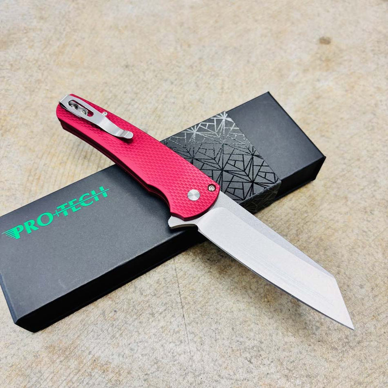 Load image into Gallery viewer, Protech 5405 LTD-Red Malibu Flipper, Textured Red Handles, Stonewash Magnacut Reverse Tanto Blade, Gold Lip Pearl Button Knife

