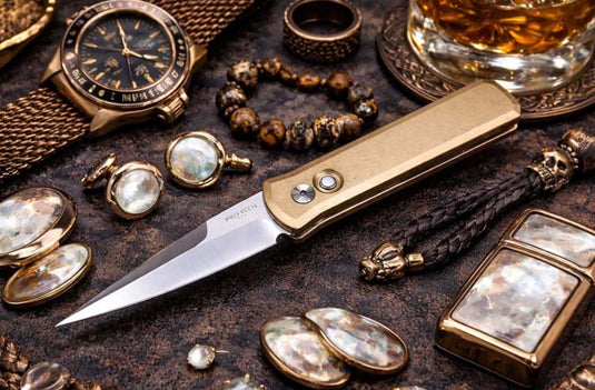 Protech 7110 Godson 3.15" LIMITED Stonewash Solid Bronze AL Handle Satin Blade Mother of Pearl Button Auto Knife