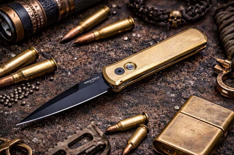 Load image into Gallery viewer, Protech 7112 Godson 3.15" LIMITED Stonewash Solid Bronze AL Handle DLC Black Blade Mother of Pearl Button Auto Knife
