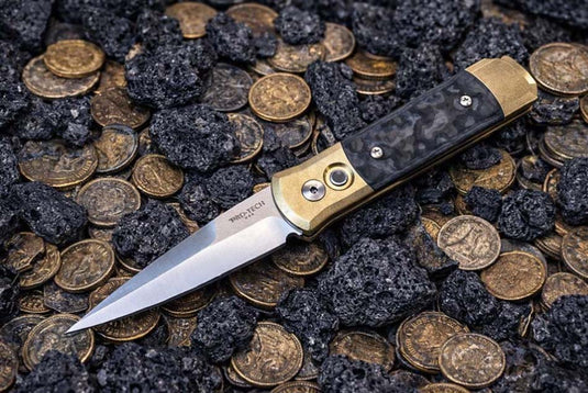 Protech 7114 Fat Carbon Black Camo Inlays Godson 3.15" Satin 154-CM Blade Auto Knife