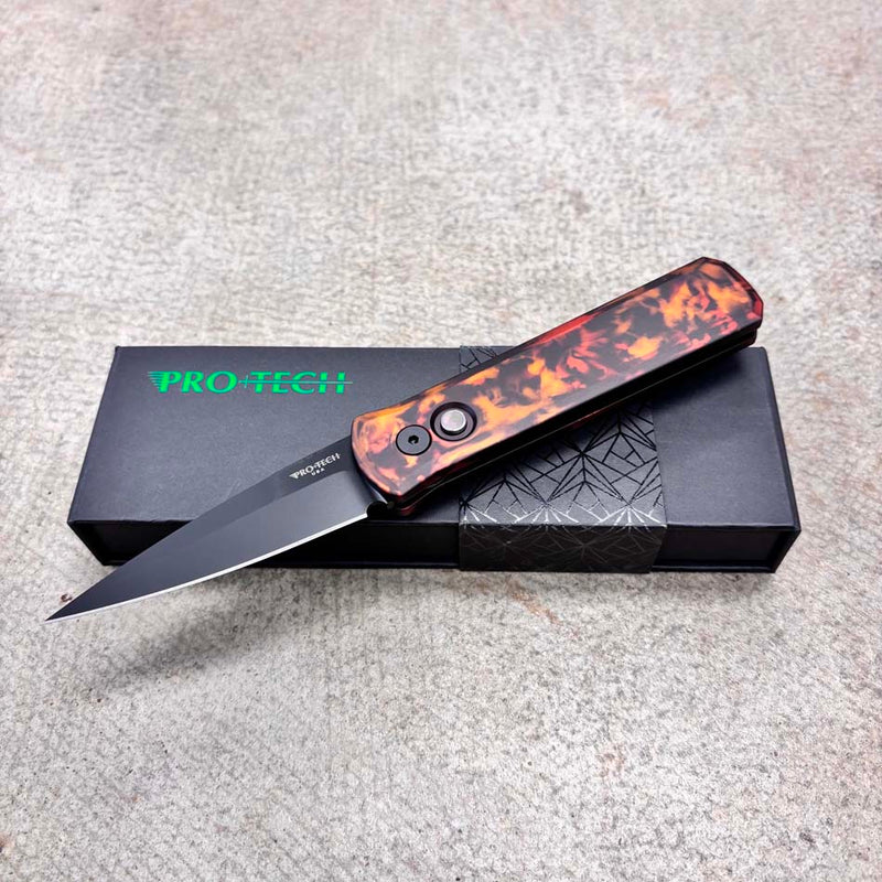 Load image into Gallery viewer, Protech 721 DF2 Godson, Del Fuego Custom Anodized Handle, DLC Black 154CM Blade, Black Lip Pearl Button, Knife

