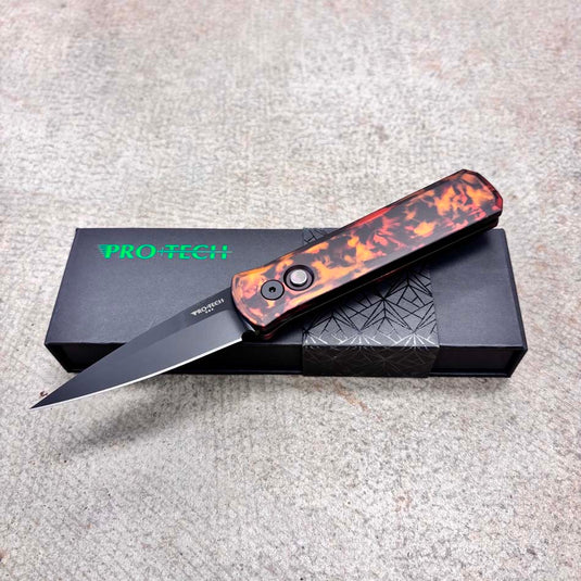 Protech 721 DF2 Godson, Del Fuego Custom Anodized Handle, DLC Black 154CM Blade, Black Lip Pearl Button, Knife
