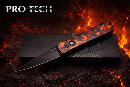 Protech 721 DF2 Godson, Del Fuego Custom Anodized Handle, DLC Black 154CM Blade, Black Lip Pearl Button, Knife