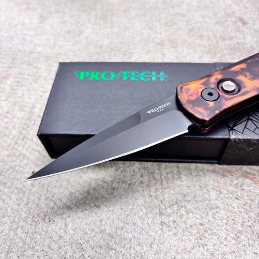 Protech 721 DF2 Godson, Del Fuego Custom Anodized Handle, DLC Black 154CM Blade, Black Lip Pearl Button, Knife