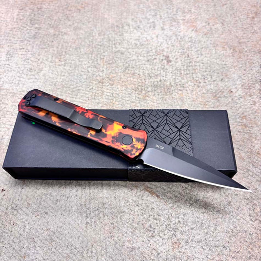 Protech 721 DF2 Godson, Del Fuego Custom Anodized Handle, DLC Black 154CM Blade, Black Lip Pearl Button, Knife