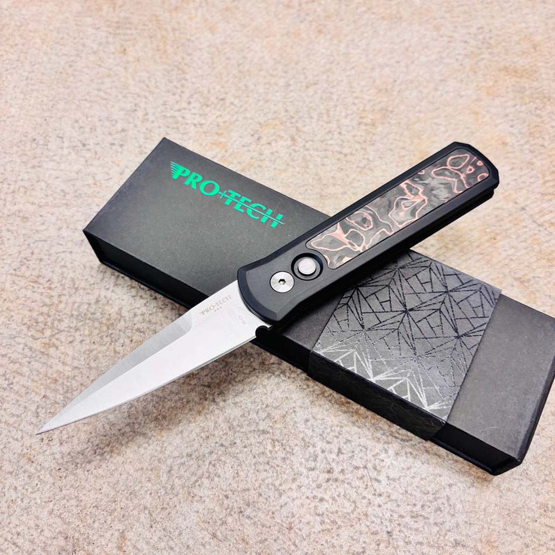 Load image into Gallery viewer, Protech 7210 Livewire 20CV Godson 3.15" Single Inlay Black Handle with Livewire Copper Carbon Fiber Inlay, Black Lip Pearl Button Knife
