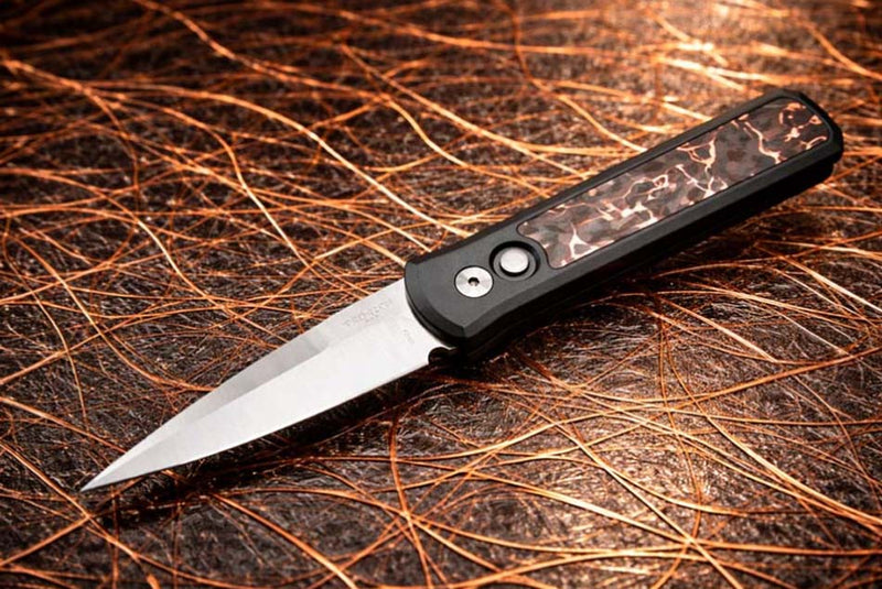 Load image into Gallery viewer, Protech 7210 Livewire 20CV Godson 3.15" Single Inlay Black Handle with Livewire Copper Carbon Fiber Inlay, Black Lip Pearl Button Knife
