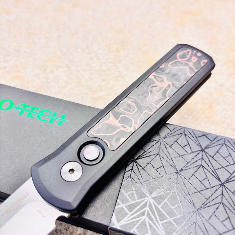 Load image into Gallery viewer, Protech 7210 Livewire 20CV Godson 3.15" Single Inlay Black Handle with Livewire Copper Carbon Fiber Inlay, Black Lip Pearl Button Knife

