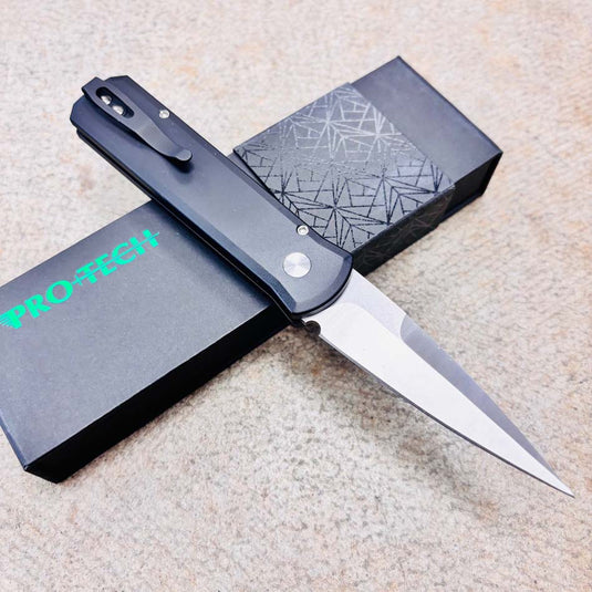 Protech 7210 Livewire 20CV Godson 3.15" Single Inlay Black Handle with Livewire Copper Carbon Fiber Inlay, Black Lip Pearl Button Knife