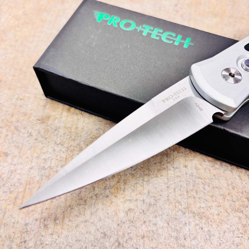 Load image into Gallery viewer, Protech 7210-Silver Crosscut 20CV Godson 3.15" Single Inlay Silver Handle with Crosscut Carbon Fiber Inlay Knife
