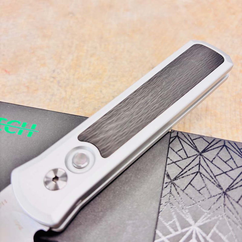 Load image into Gallery viewer, Protech 7210-Silver Crosscut 20CV Godson 3.15" Single Inlay Silver Handle with Crosscut Carbon Fiber Inlay Knife
