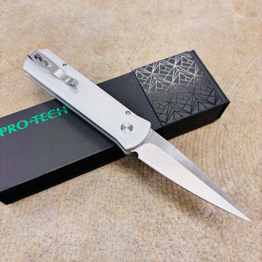 Protech 7210-Silver Crosscut 20CV Godson 3.15" Single Inlay Silver Handle with Crosscut Carbon Fiber Inlay Knife