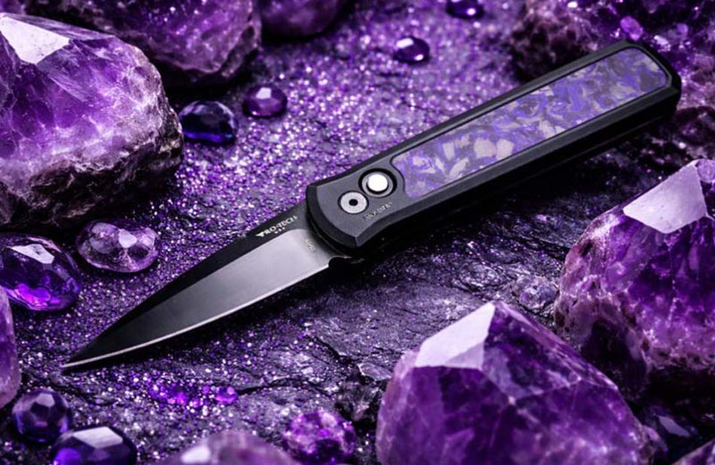 Load image into Gallery viewer, Protech 7214-Violet CF 20CV Godson, DLC Satin 3.15" 20CV Blade Auto, Single Inlay Black Handle with Violet Marble Carbon Fiber Knife
